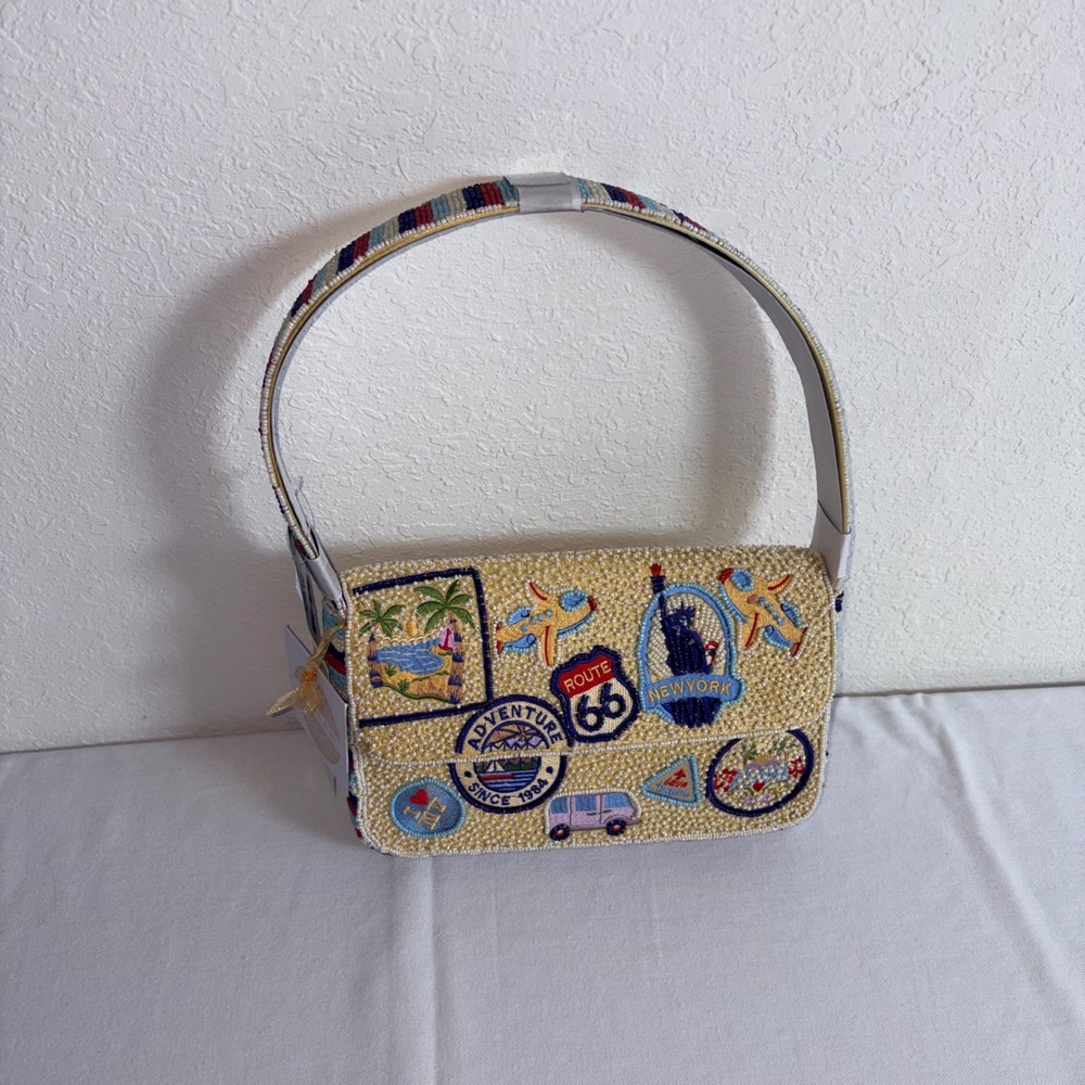 Beaded Bag Cream NEW Patchwork Route 66 travel car Shoulder purse usa